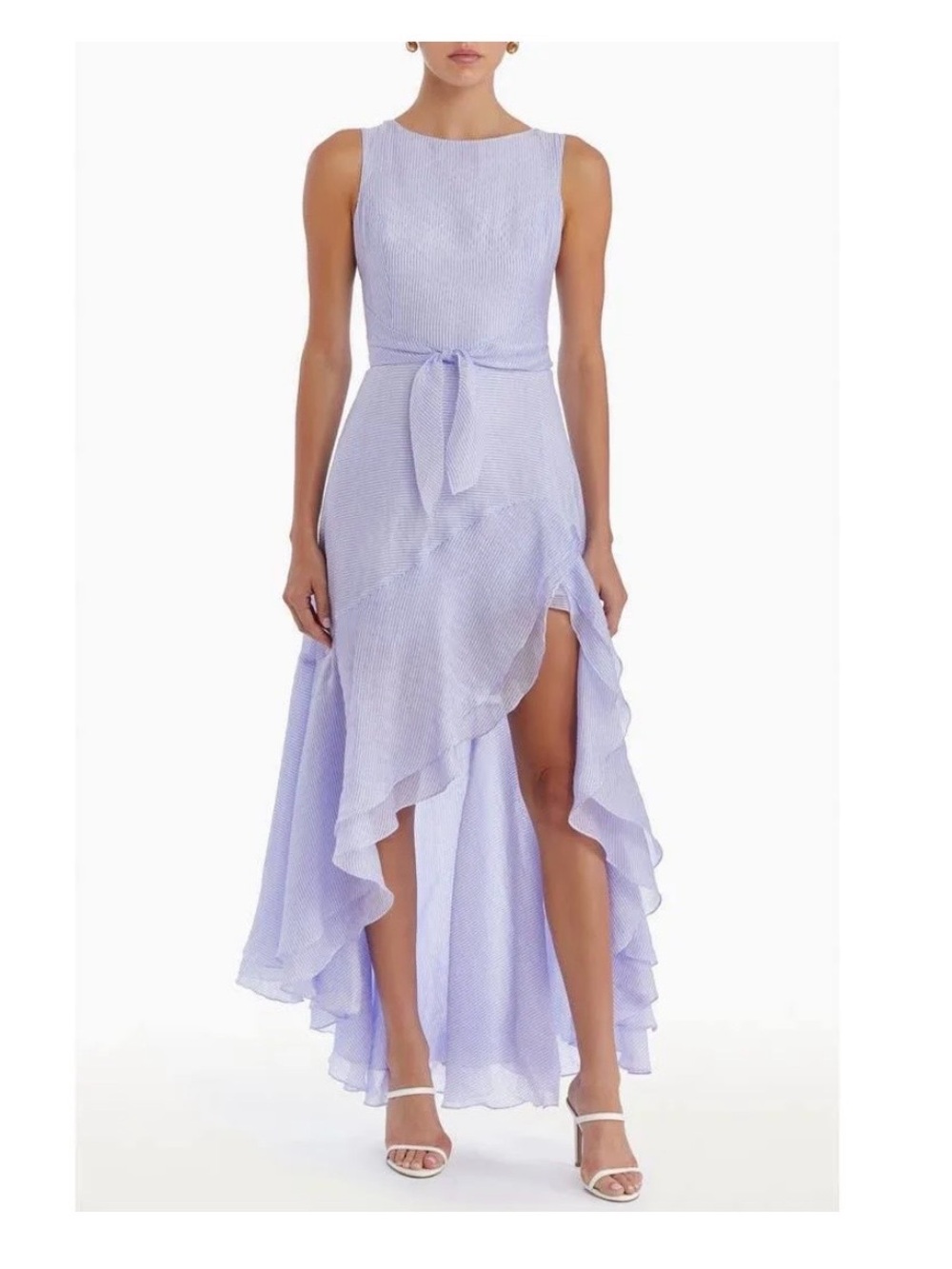Light Blue and White Sleeveless Ruffle Dress with high low hem